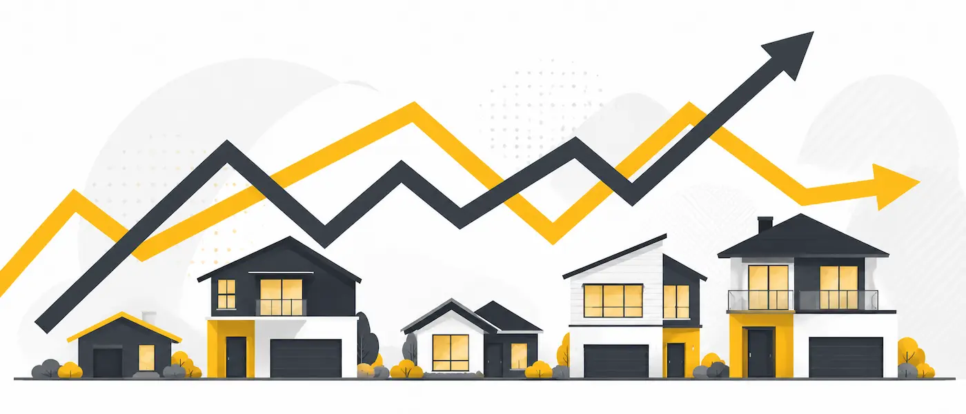 Blockhouse Bay property market report hero image with houses and market trend arrows