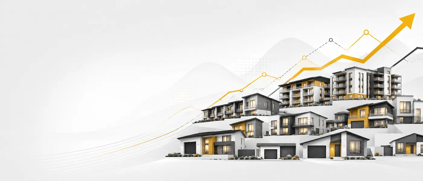 Kelston property market report hero image with houses and market trend arrows